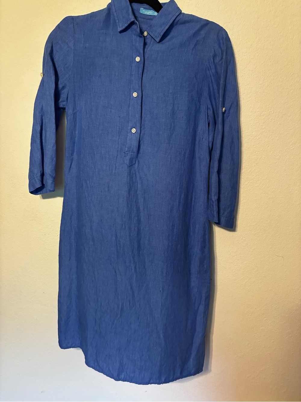 J. McLaughlin 100% Linen Shirt Dress XS Blue Button Front 3/4 Sleeve Preppy